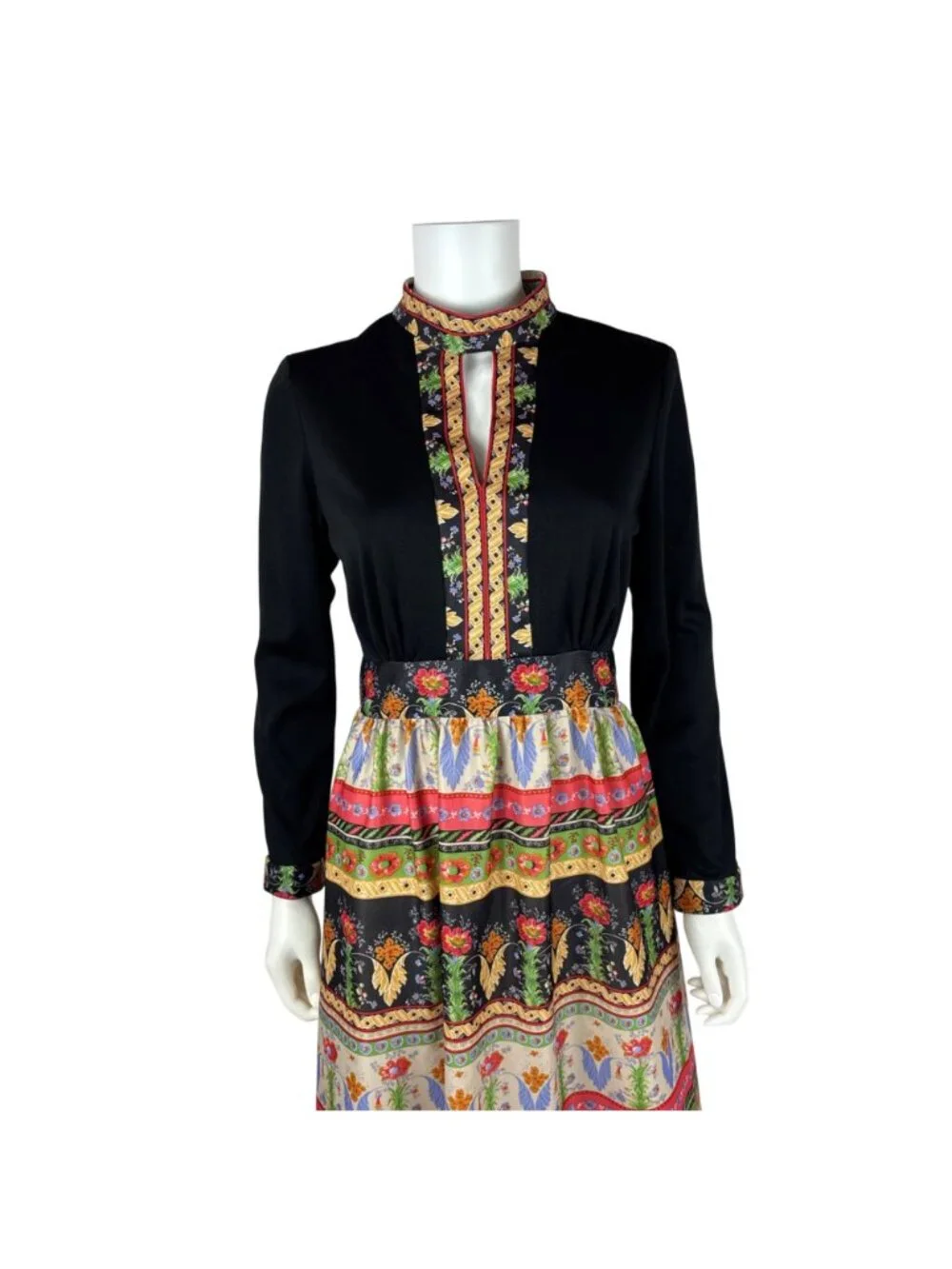 Vintage 70s Dark Floral Dress Womens Small Multi Colored Keyhole Neckline Long S - Picture 3 of 12